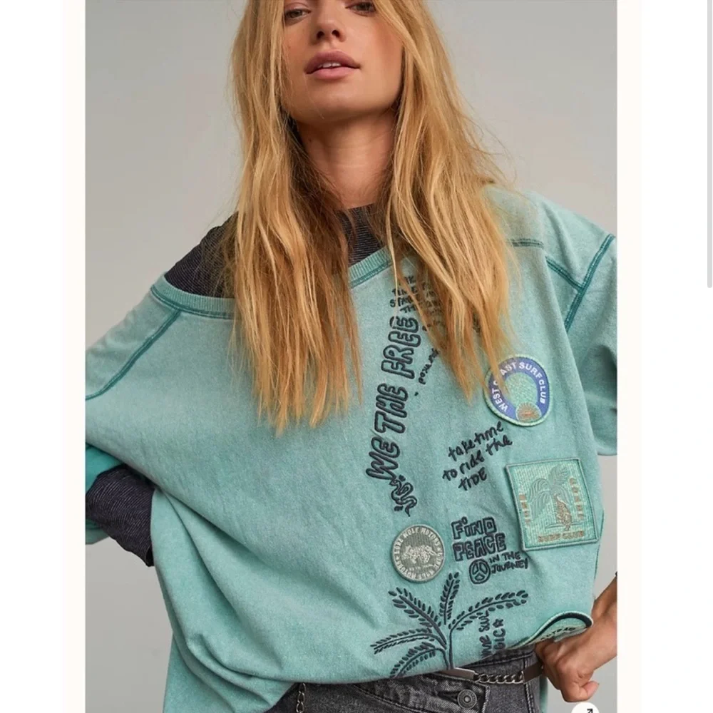 Free People Ivy Tee Surfing Long Sleeve Embroidered Patches Vintage Shirt Sz S - Picture 1 of 7